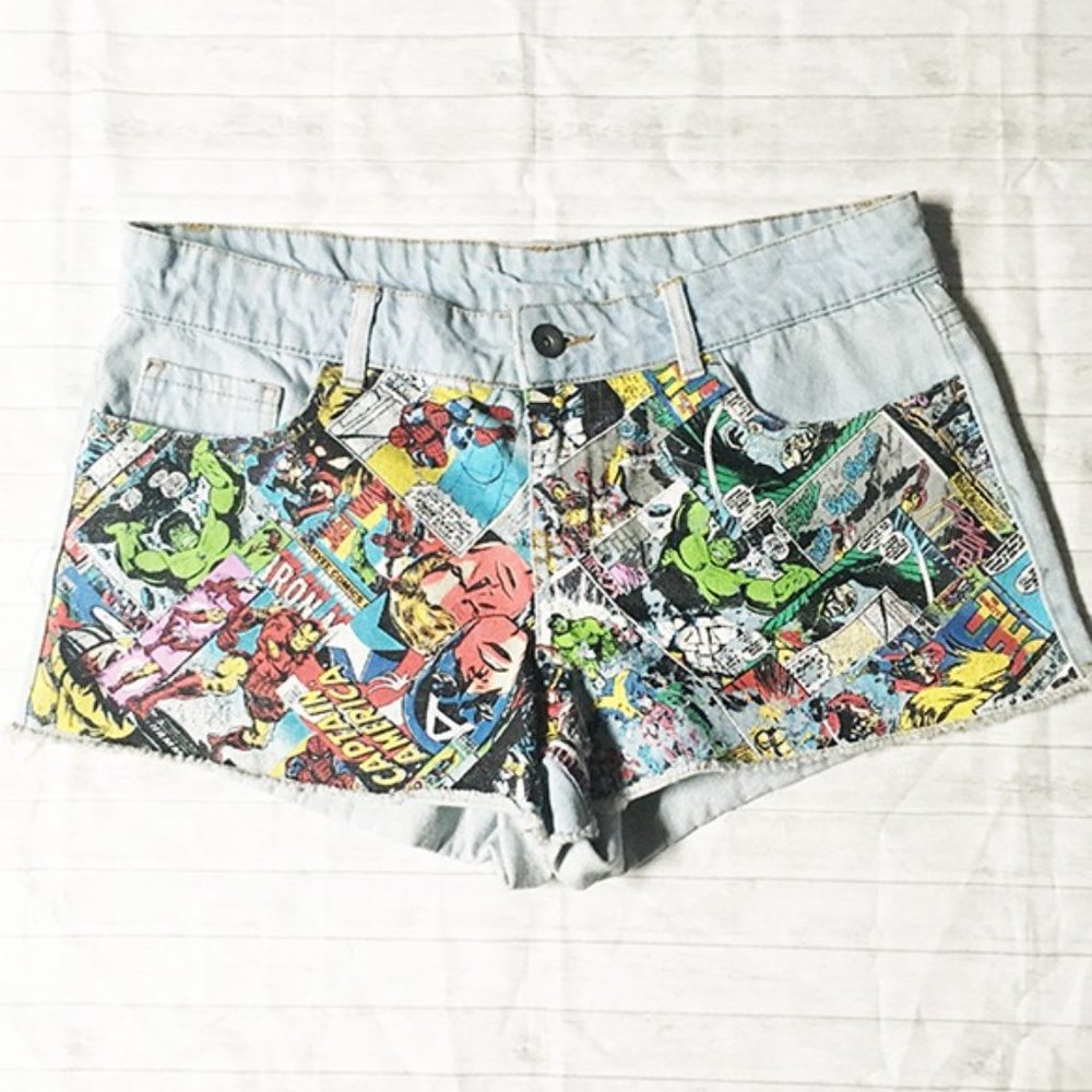 Marvel Heroes Comic Book Print Denim Shorts